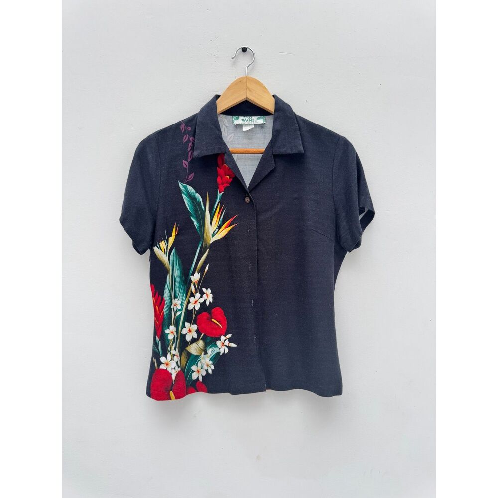 Vintage Two Palms Hawaiian Shirt Black Tropical Floral Made in Hawaii Size S